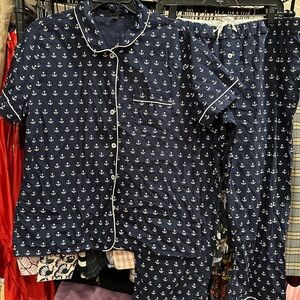 J. Crew Cotton Poplin Pajama Set Nautical Sailor Anchor Print Navy Size Large